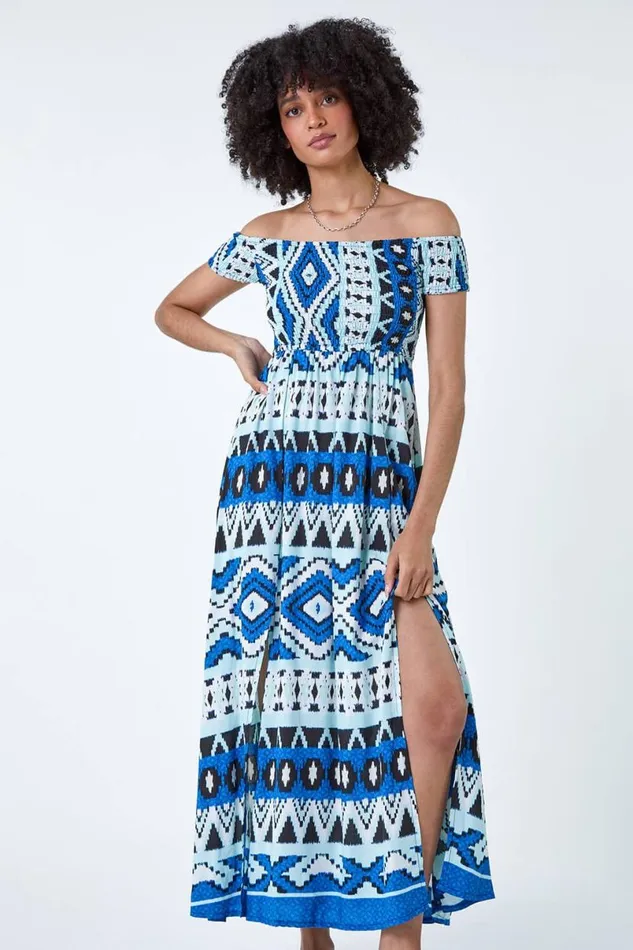 Blue Aztec Shirred Bardot Maxi Dress Women Roman Dresses