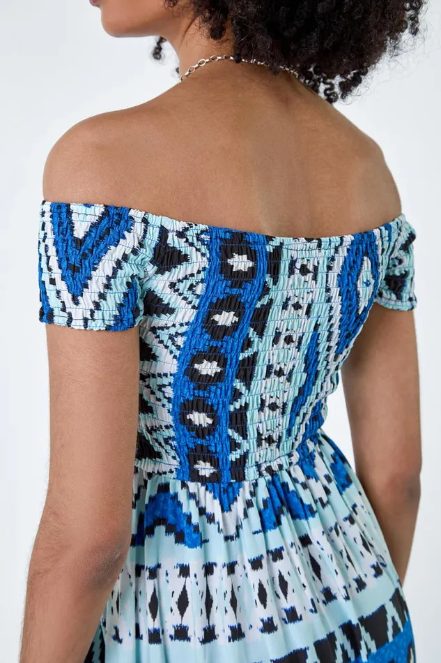 Blue Aztec Shirred Bardot Maxi Dress Women Roman Dresses