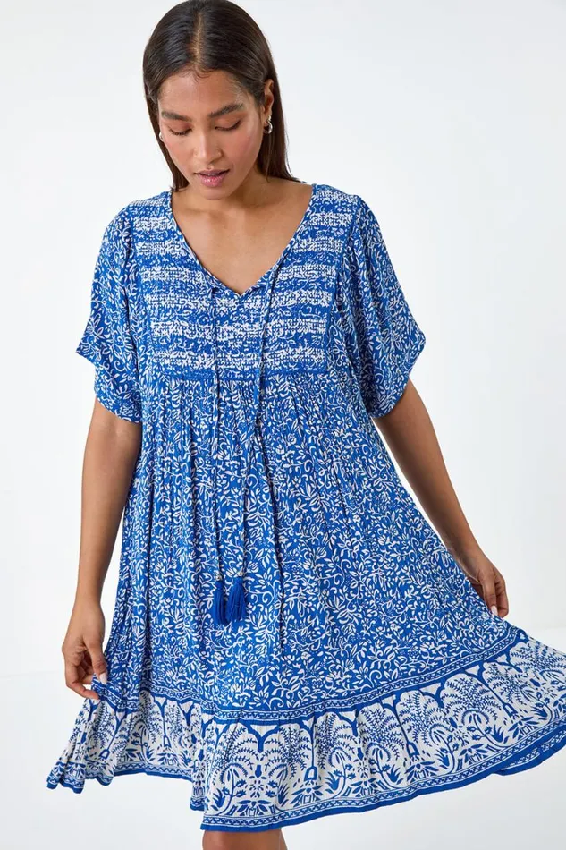 Blue Border Print Frill Hem Smock Dress Women Roman Dresses