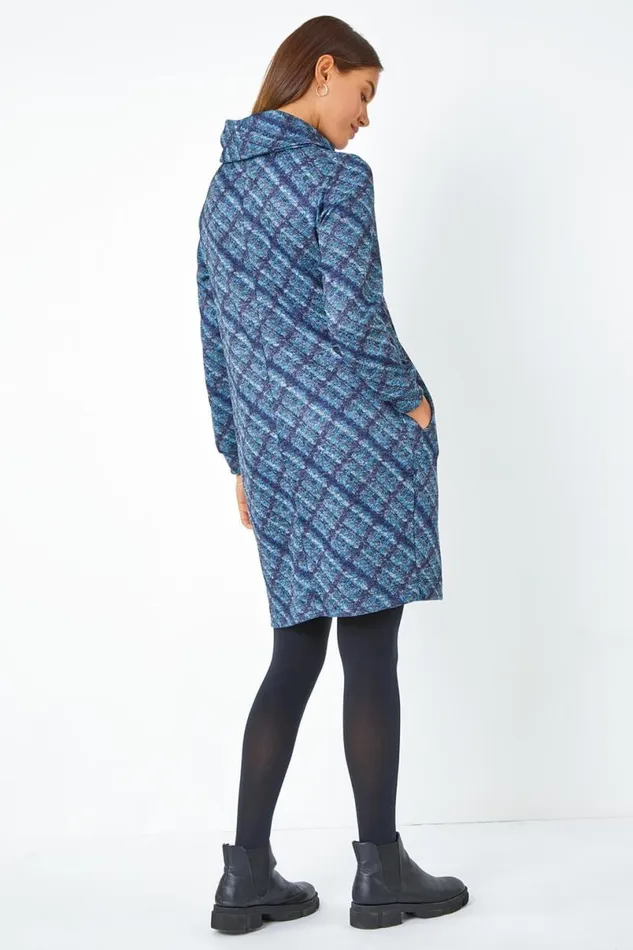 Blue Checked Cowl Neck Stretch Dress Women Roman Dresses