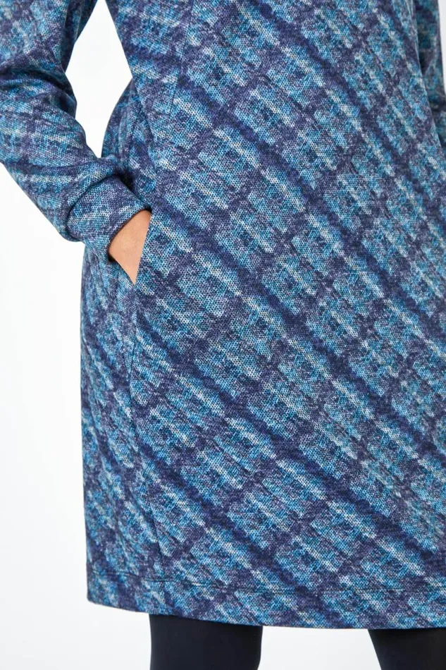 Blue Checked Cowl Neck Stretch Dress Women Roman Dresses