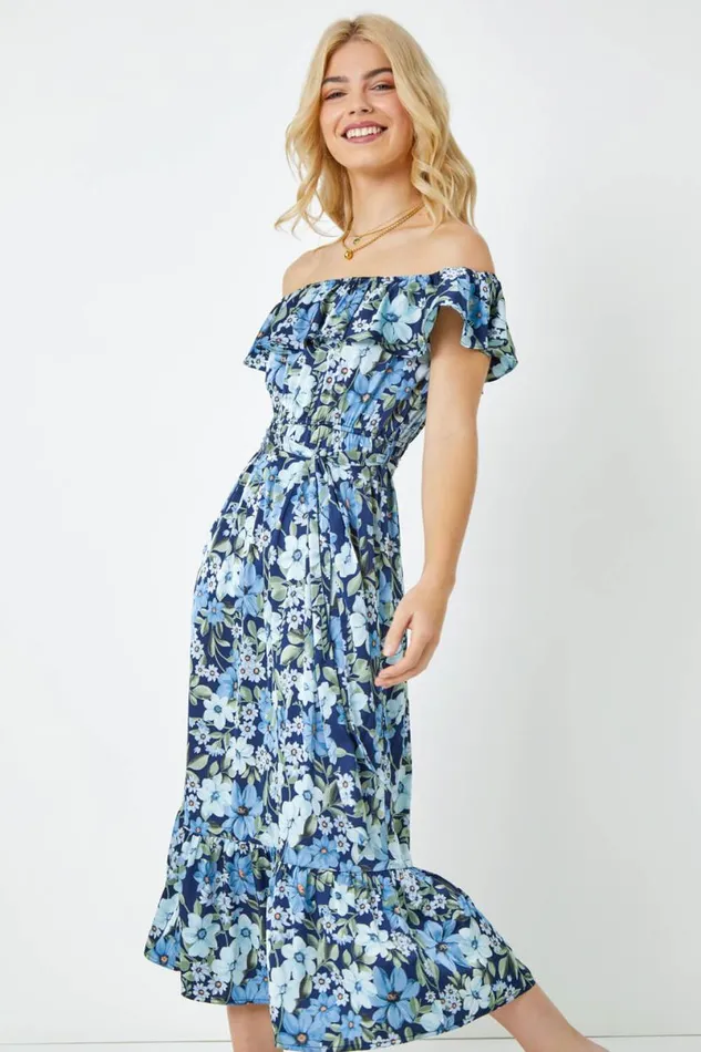 Blue Chiffon Ditsy Floral Bardot Midi Dress Women Roman Dresses