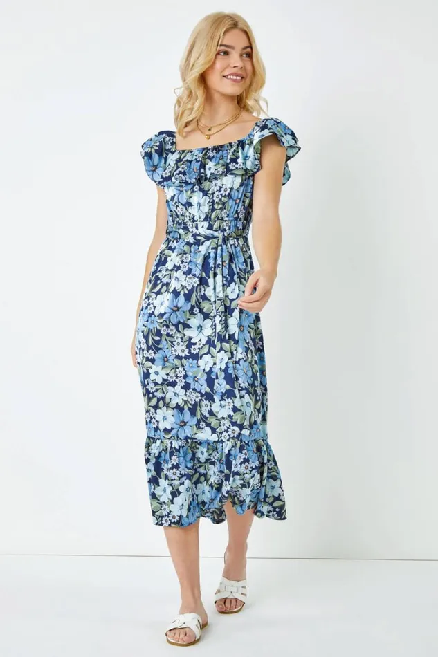 Blue Chiffon Ditsy Floral Bardot Midi Dress Women Roman Dresses