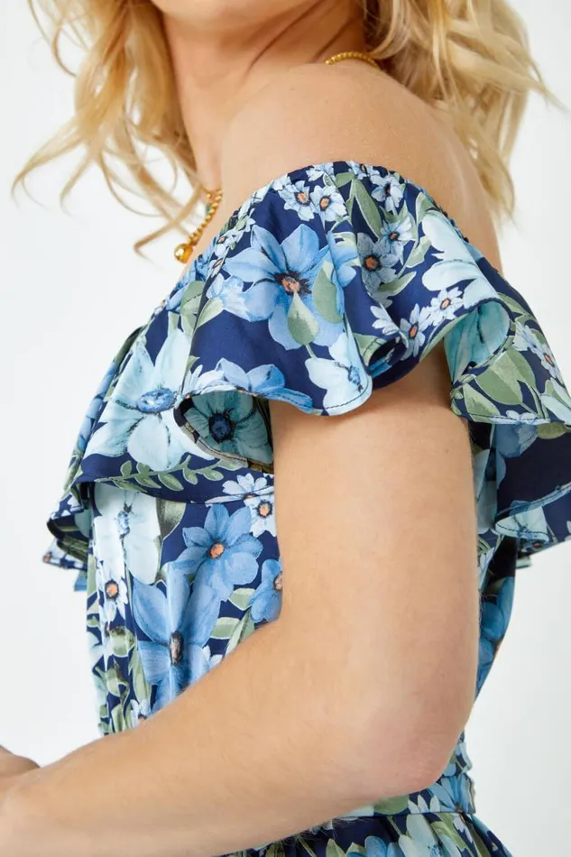 Blue Chiffon Ditsy Floral Bardot Midi Dress Women Roman Dresses