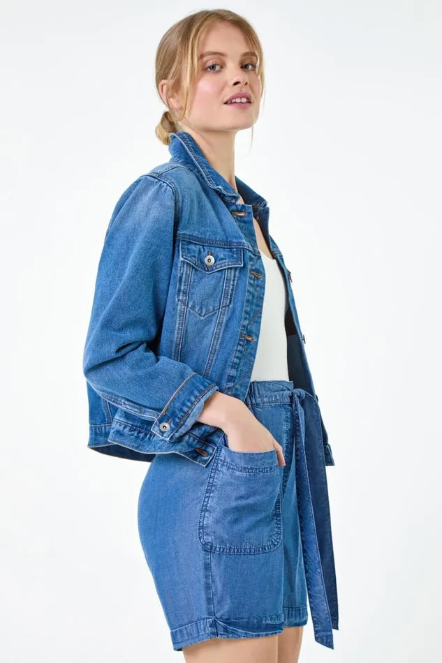 Blue Classic Cotton Denim Jacket Women Roman Coords
