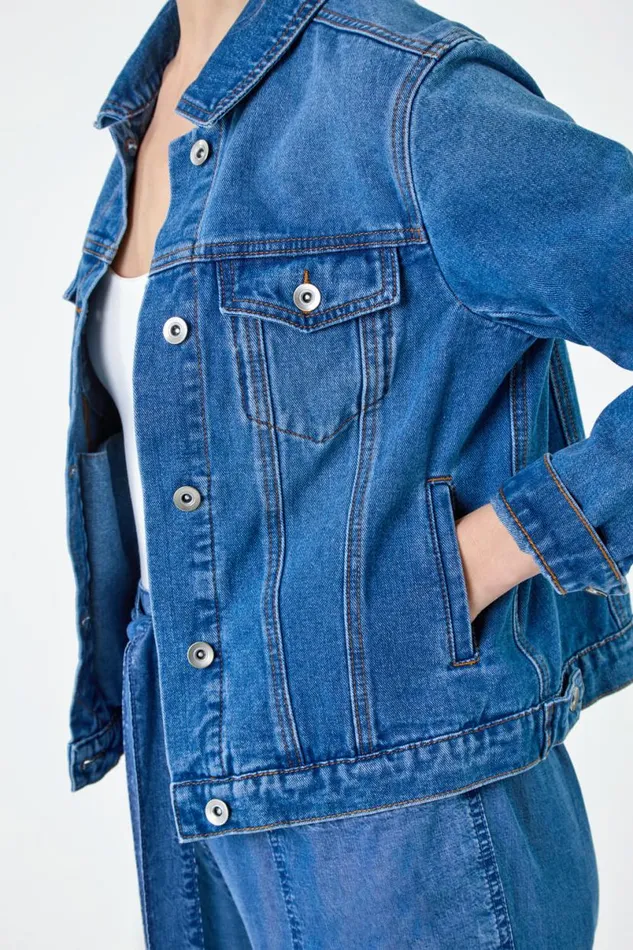 Blue Classic Cotton Denim Jacket Women Roman Coords