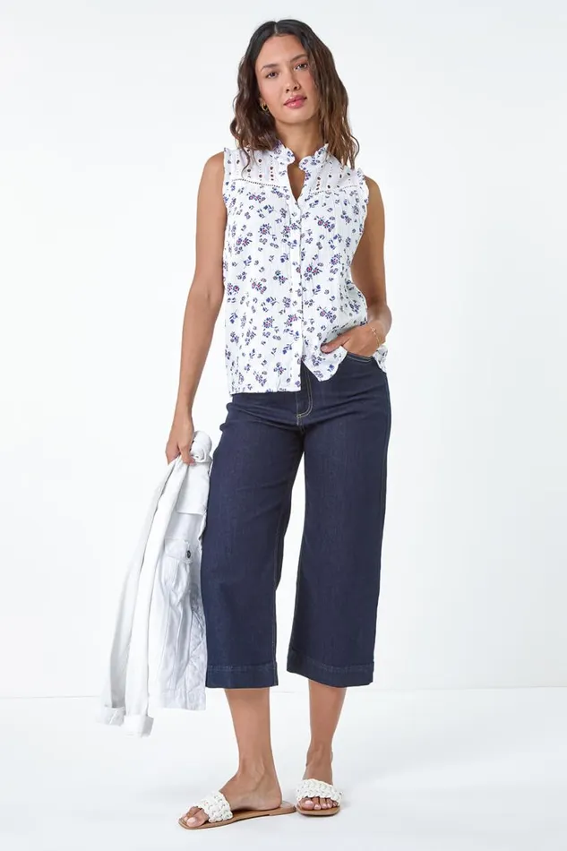 Blue Cotton Embroidered VNeck Floral Blouse Women Roman Tops