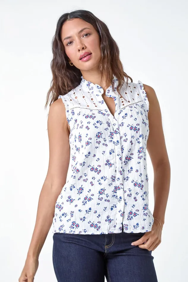 Blue Cotton Embroidered VNeck Floral Blouse Women Roman Tops