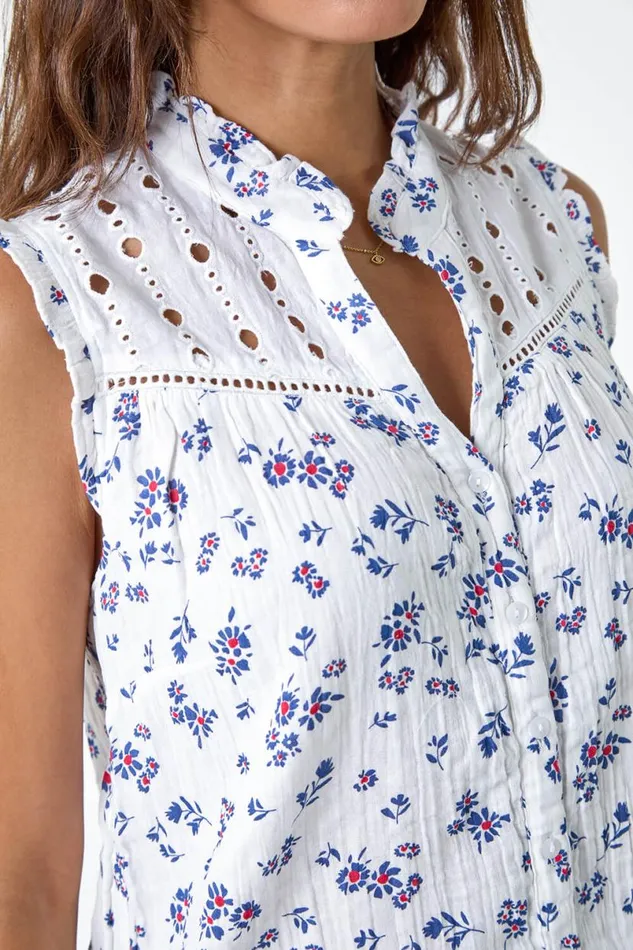Blue Cotton Embroidered VNeck Floral Blouse Women Roman Tops