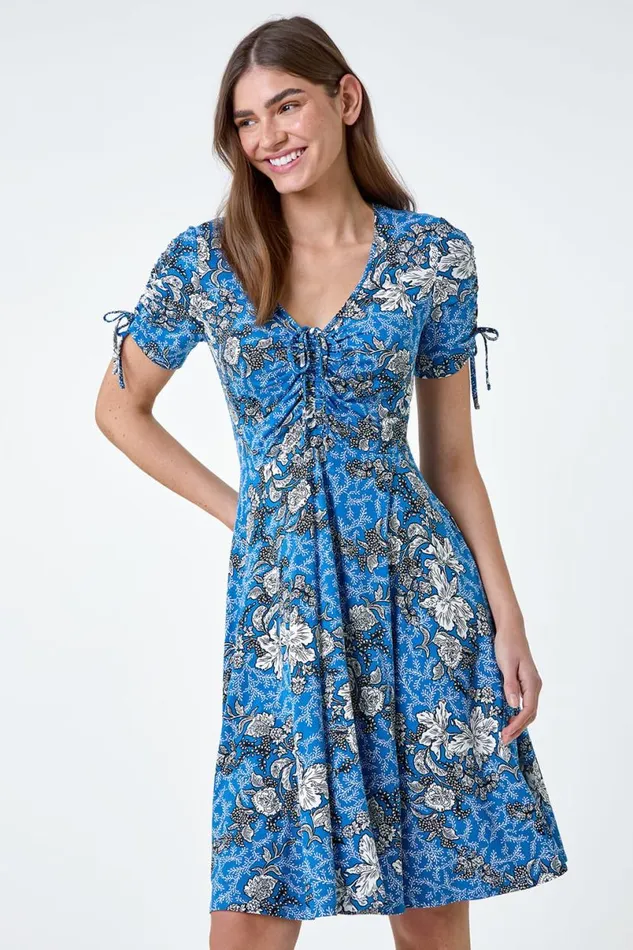 Blue Floral Gathered Tie Detail Stretch Dress Women Roman Dresses