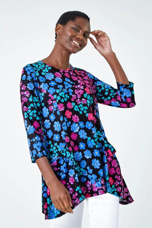 Blue Floral Pocket Stretch Tunic Top Women Roman Tops