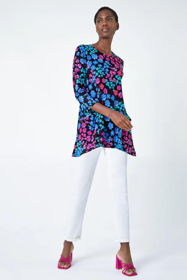Blue Floral Pocket Stretch Tunic Top Women Roman Tops
