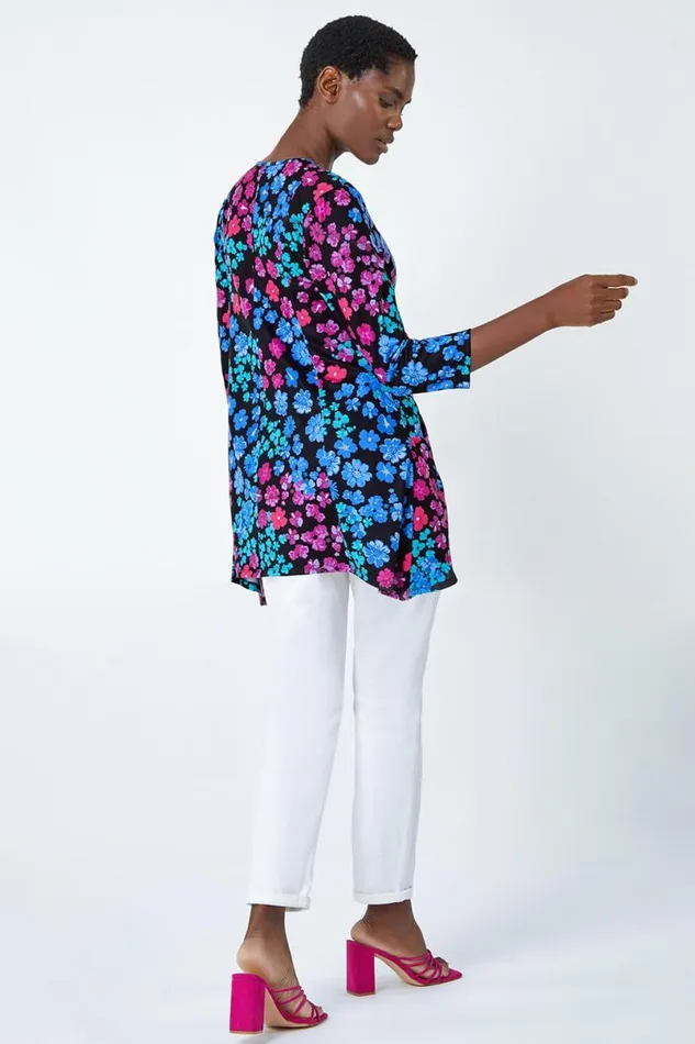 Blue Floral Pocket Stretch Tunic Top Women Roman Tops