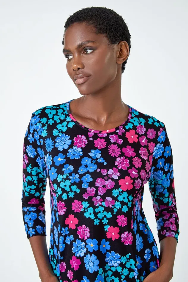 Blue Floral Pocket Stretch Tunic Top Women Roman Tops