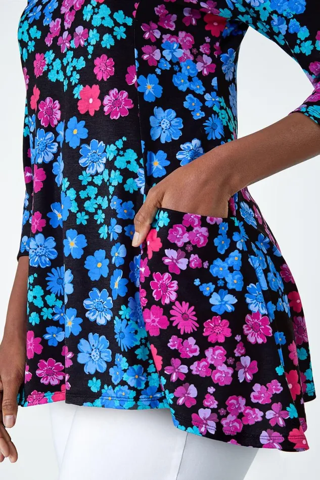 Blue Floral Pocket Stretch Tunic Top Women Roman Tops