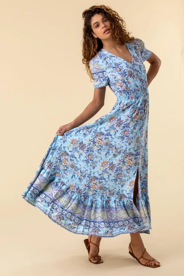 Blue Floral Print Shirred Waist Maxi Dress Women Roman Dresses
