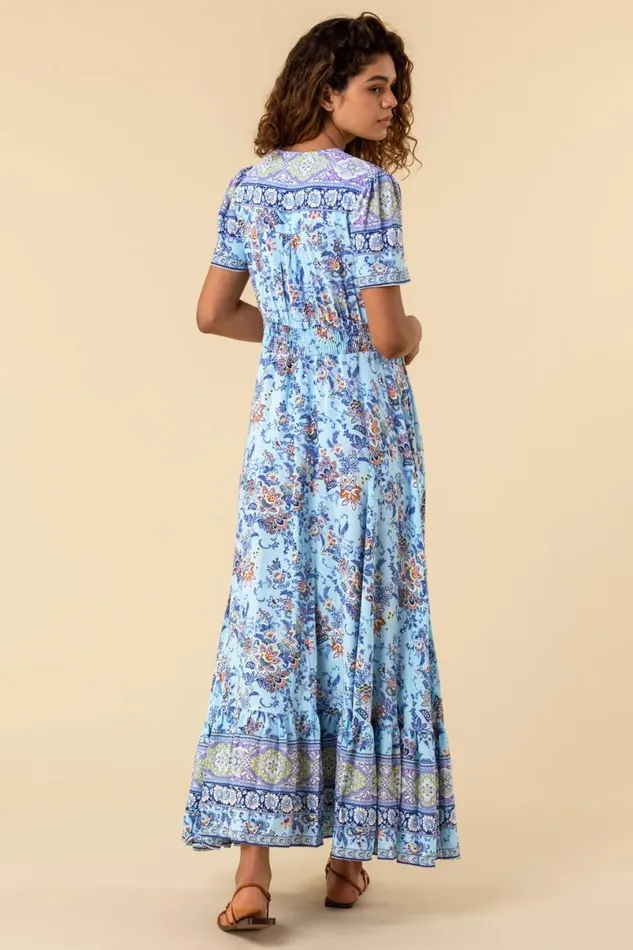 Blue Floral Print Shirred Waist Maxi Dress Women Roman Dresses