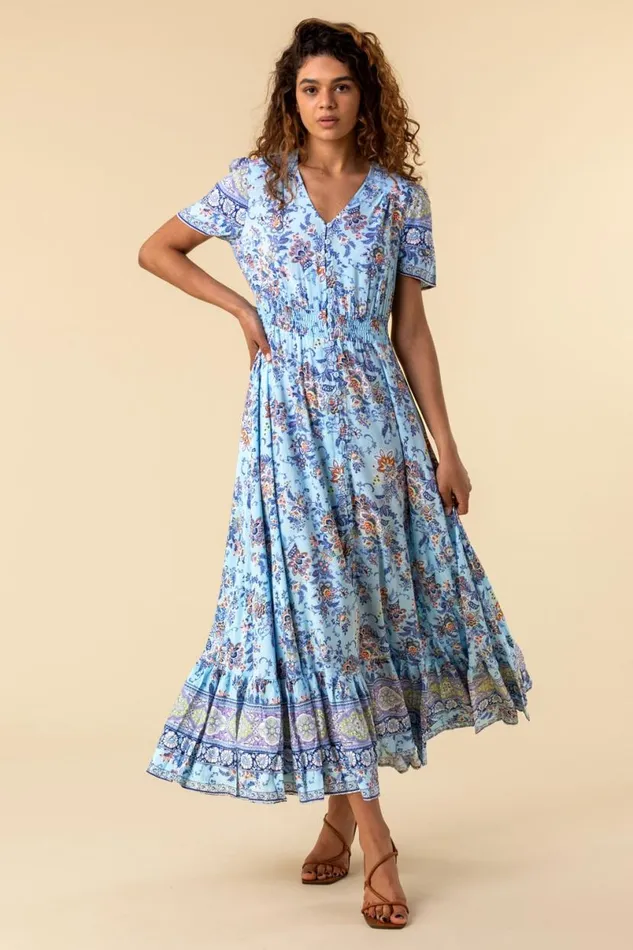 Blue Floral Print Shirred Waist Maxi Dress Women Roman Dresses