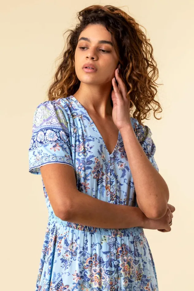 Blue Floral Print Shirred Waist Maxi Dress Women Roman Dresses