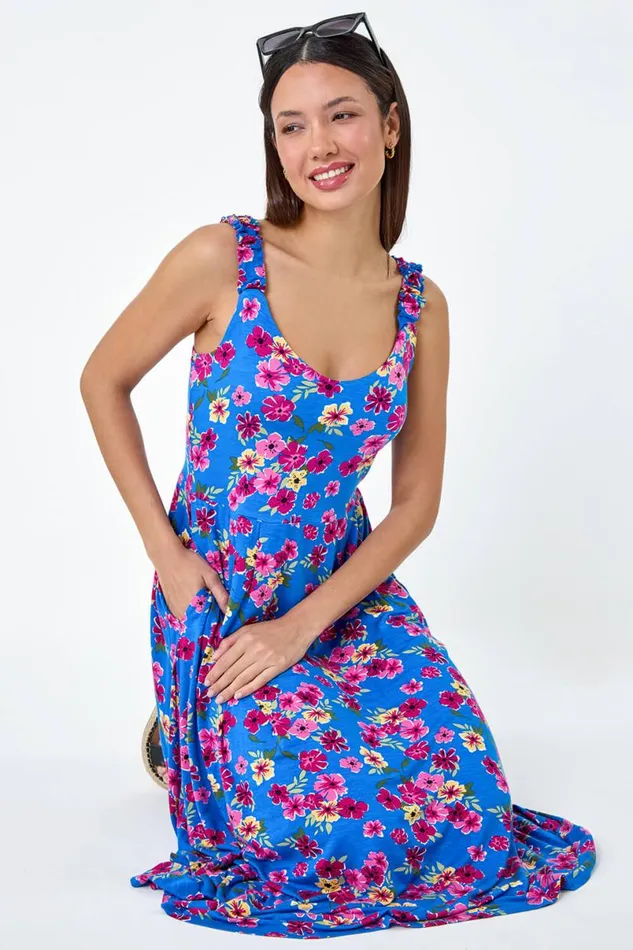 Blue Floral Shirred Strap Midi Dress Women Roman Dresses