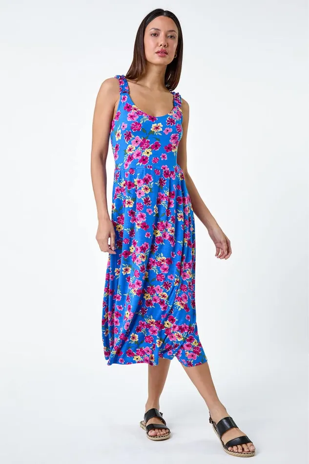 Blue Floral Shirred Strap Midi Dress Women Roman Dresses