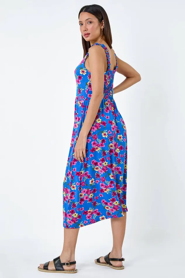 Blue Floral Shirred Strap Midi Dress Women Roman Dresses