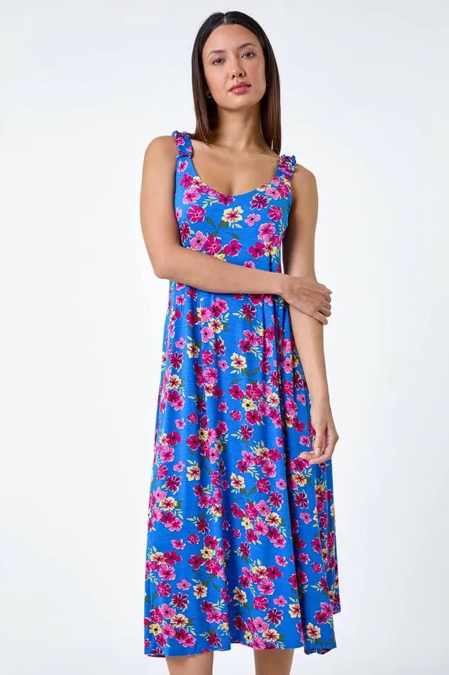 Blue Floral Shirred Strap Midi Dress Women Roman Dresses