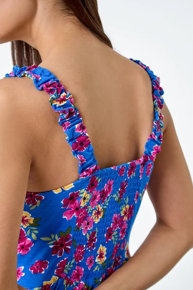 Blue Floral Shirred Strap Midi Dress Women Roman Dresses