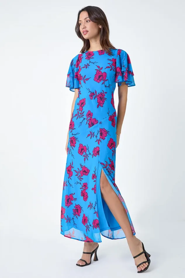 Blue Floral Tiered Sleeve Chiffon Maxi Dress Women Roman Dresses