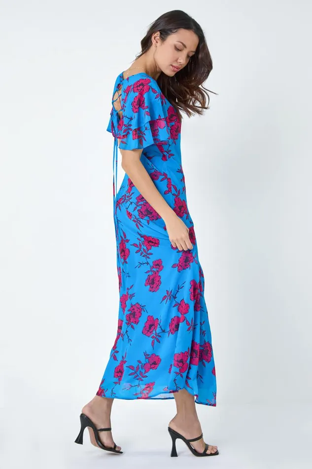 Blue Floral Tiered Sleeve Chiffon Maxi Dress Women Roman Dresses