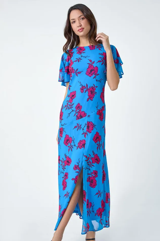 Blue Floral Tiered Sleeve Chiffon Maxi Dress Women Roman Dresses