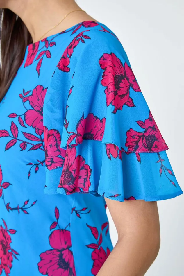 Blue Floral Tiered Sleeve Chiffon Maxi Dress Women Roman Dresses