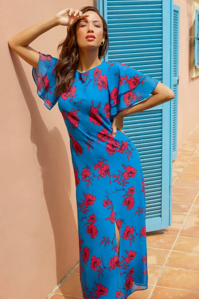 Blue Floral Tiered Sleeve Chiffon Maxi Dress Women Roman Dresses