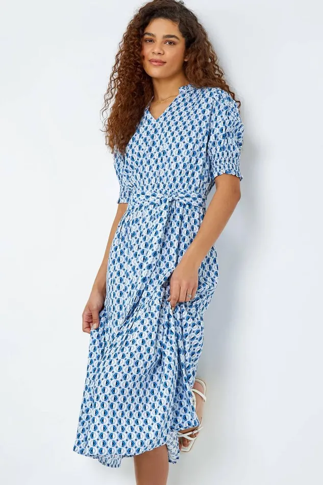 Blue Geometric Tiered Belted Midi Dress Women Roman Dresses