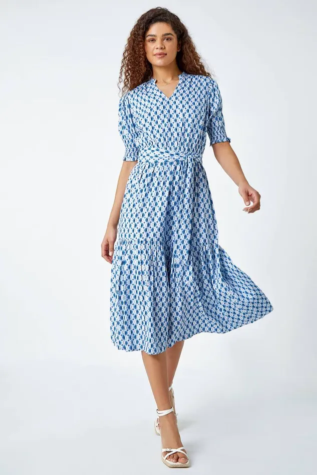 Blue Geometric Tiered Belted Midi Dress Women Roman Dresses