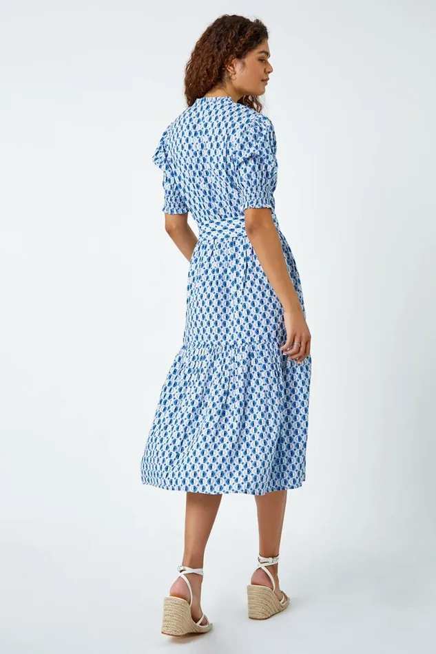 Blue Geometric Tiered Belted Midi Dress Women Roman Dresses