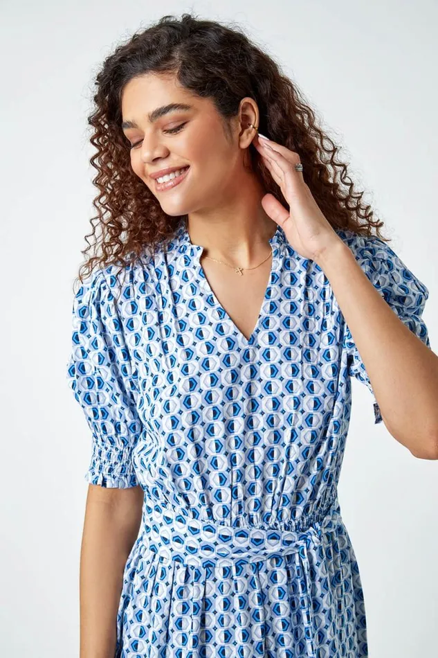 Blue Geometric Tiered Belted Midi Dress Women Roman Dresses