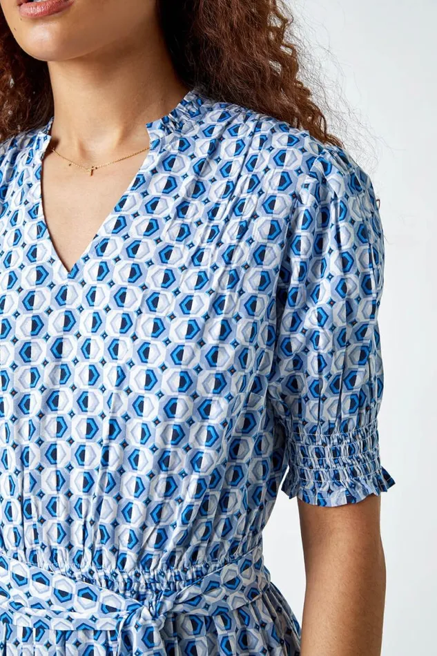 Blue Geometric Tiered Belted Midi Dress Women Roman Dresses