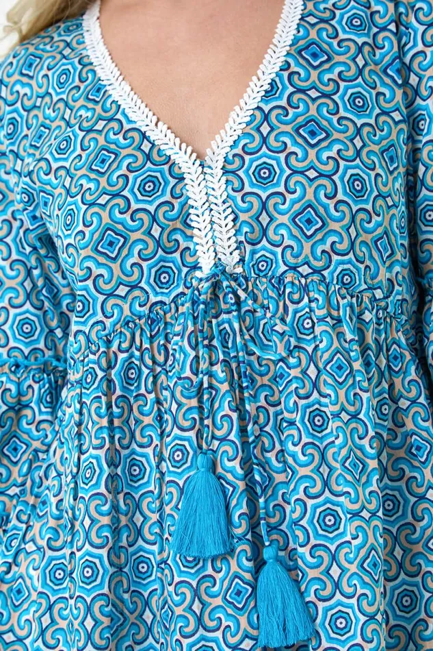 Blue Lace Trim Longline Tassel Top Women Roman Tops