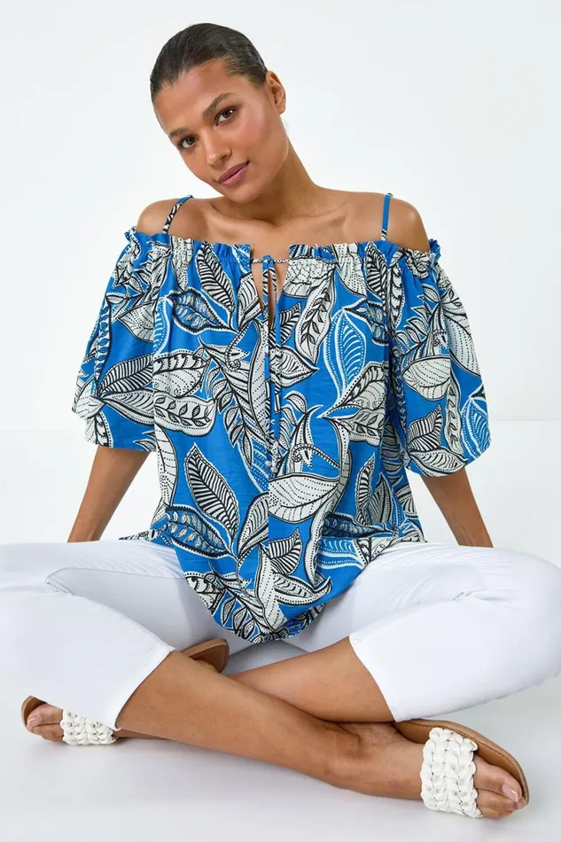 Blue Leaf Print Cold Shoulder Bardot Top Women Roman Tops