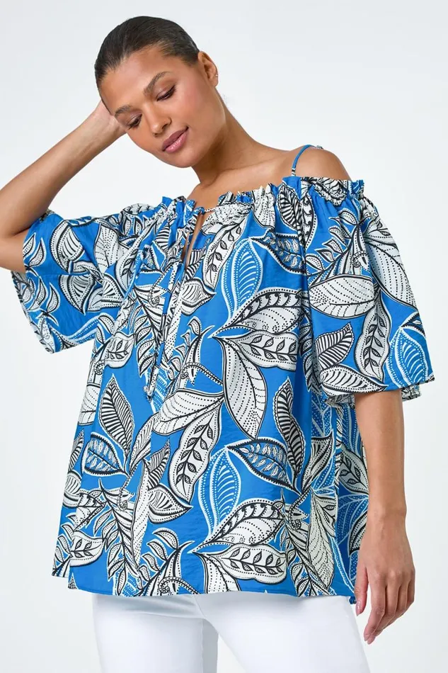 Blue Leaf Print Cold Shoulder Bardot Top Women Roman Tops