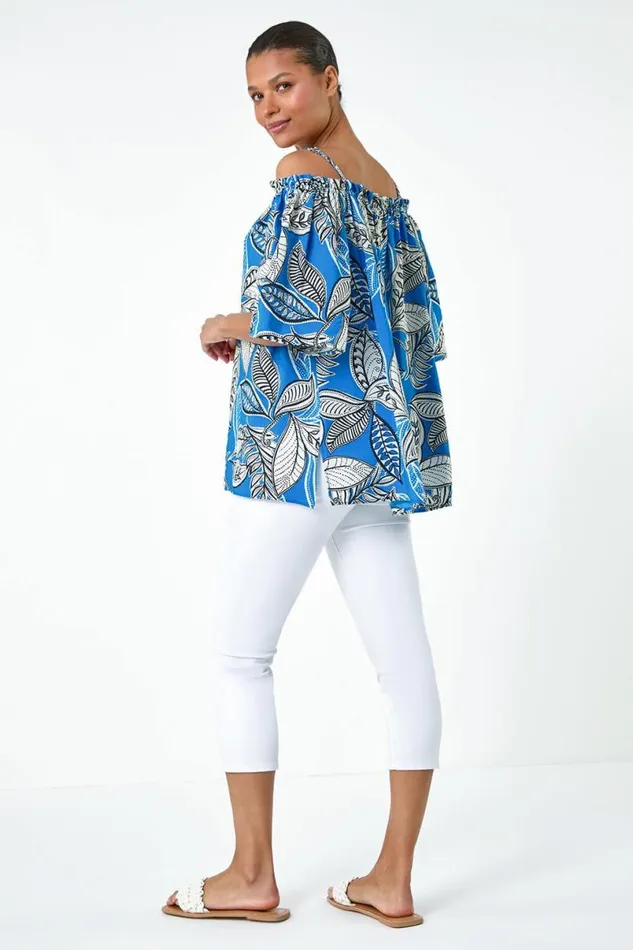 Blue Leaf Print Cold Shoulder Bardot Top Women Roman Tops