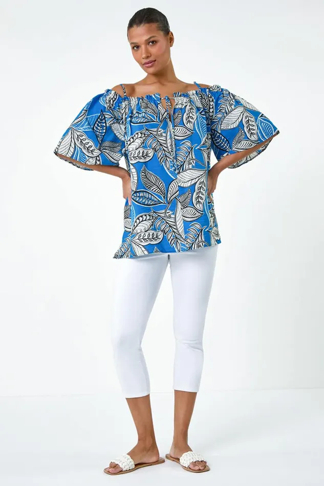 Blue Leaf Print Cold Shoulder Bardot Top Women Roman Tops