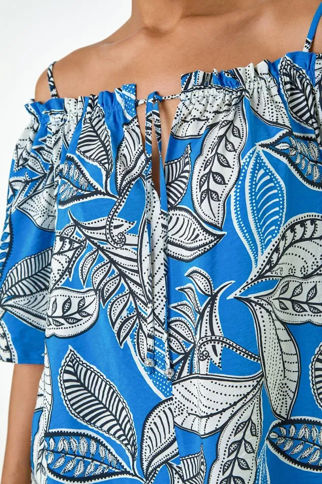 Blue Leaf Print Cold Shoulder Bardot Top Women Roman Tops
