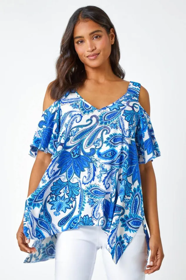 Blue Paisley Hanky Hem VNeck Cold Shoulder Top Women Roman Tops