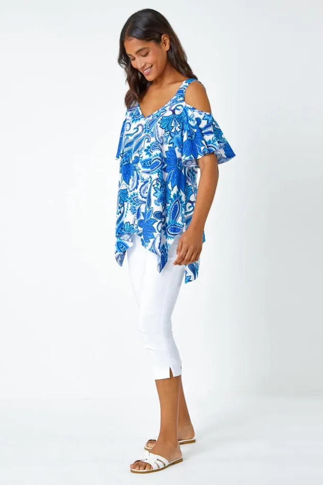 Blue Paisley Hanky Hem VNeck Cold Shoulder Top Women Roman Tops