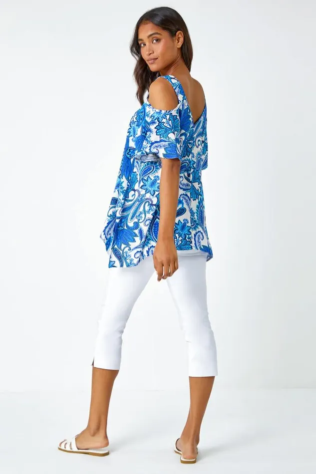 Blue Paisley Hanky Hem VNeck Cold Shoulder Top Women Roman Tops