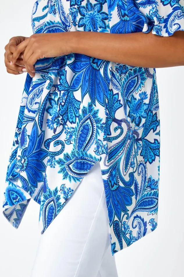 Blue Paisley Hanky Hem VNeck Cold Shoulder Top Women Roman Tops