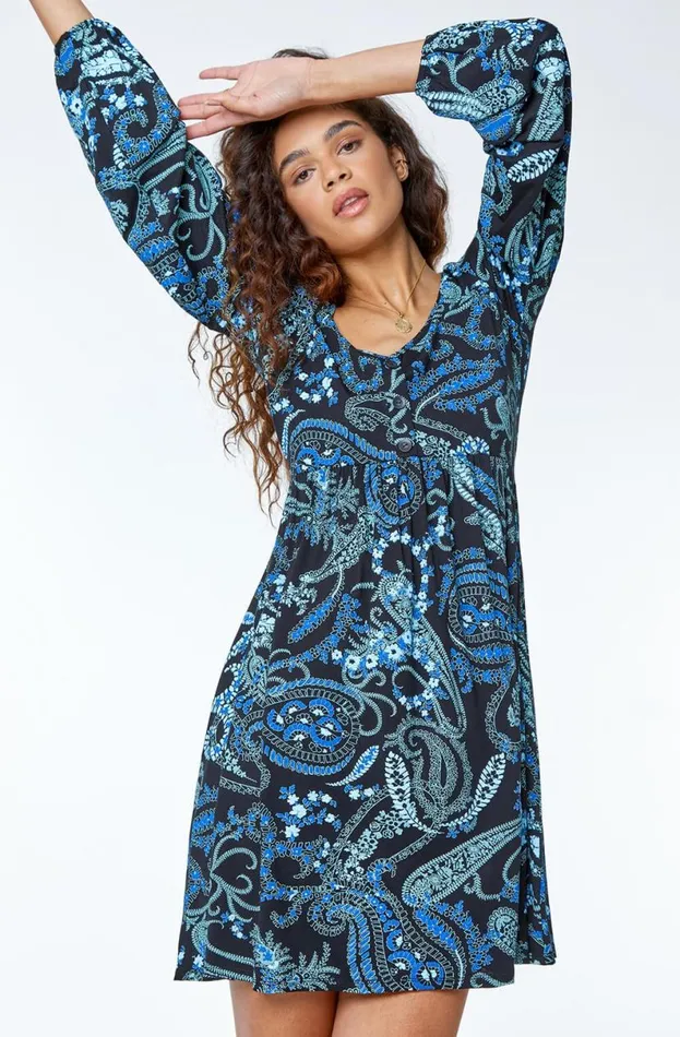 Blue Paisley Print Jersey Tea Dress Women Roman Dresses