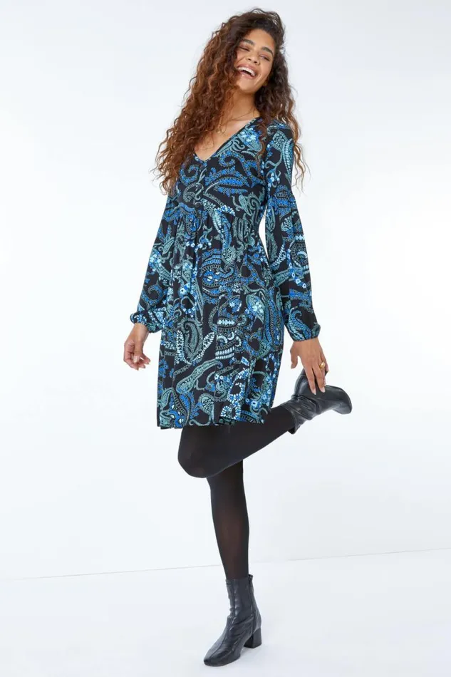 Blue Paisley Print Jersey Tea Dress Women Roman Dresses